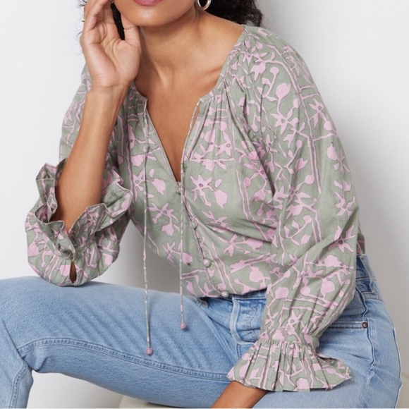 Cleobella | Whitley Ruffle Sleeve Button Front Split V-neck Tie Boho Blouse XL - Picture 1 of 13